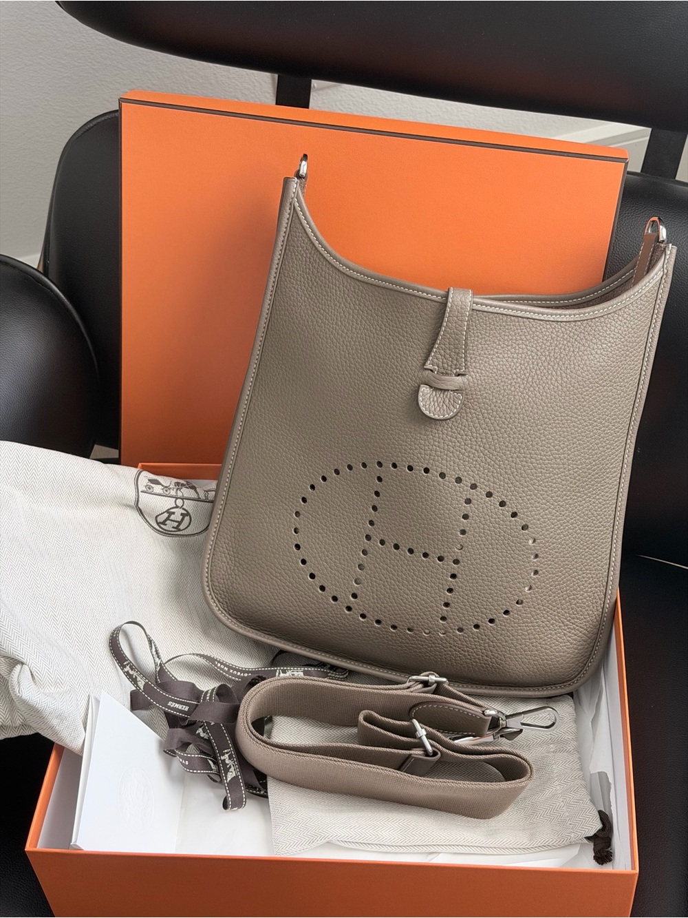 Hermes Evelyne III  size 29 Etoupe Clemence with Sliver Hardware bag